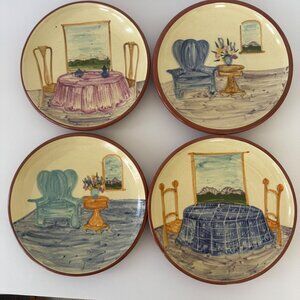 VTG Hand-Painted Ceramic Plates With Scenic Indoor Table & Chair Designs Signed
